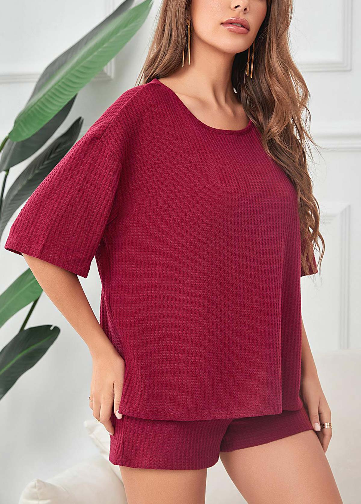 Wine Red loungewear,Plain Color loungewear,Wine Red Round Neck Lounge Top and Shorts