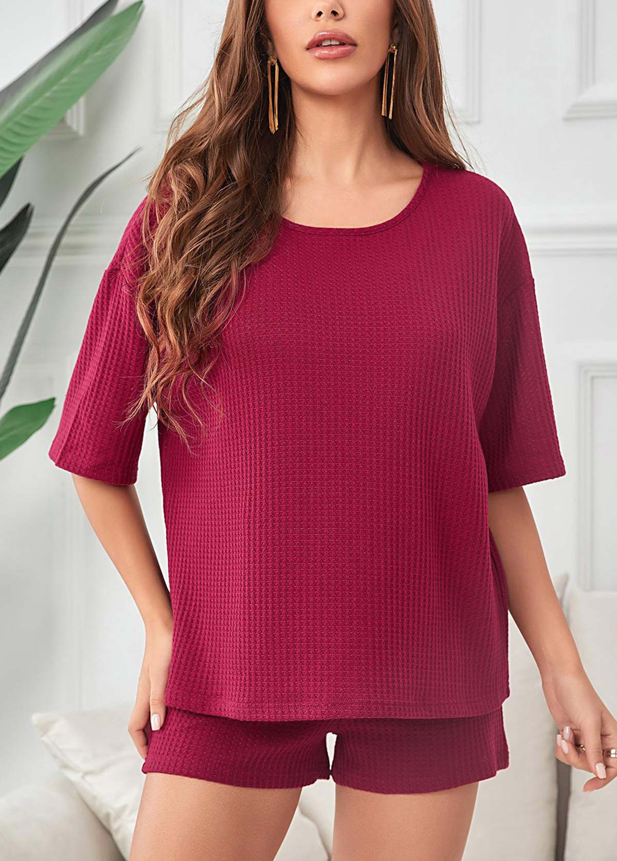 Wine Red loungewear,Plain Color loungewear,Wine Red Round Neck Lounge Top and Shorts