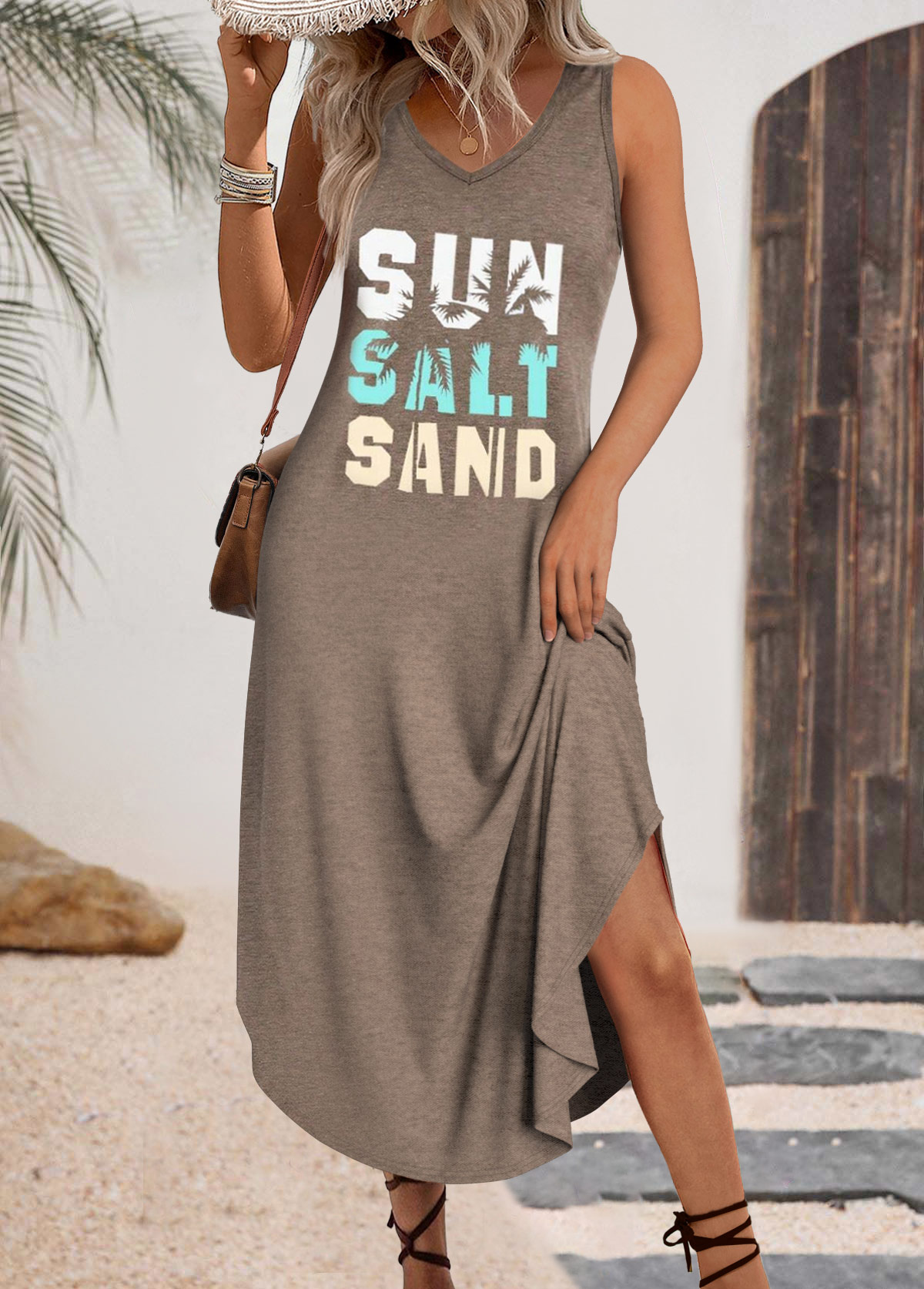 Gray Brown dresses,Letter dresses,Everyday dresses,Casual dresses,ROTITA Letter Print Gray Brown Maxi A Line Sleeveless Dress