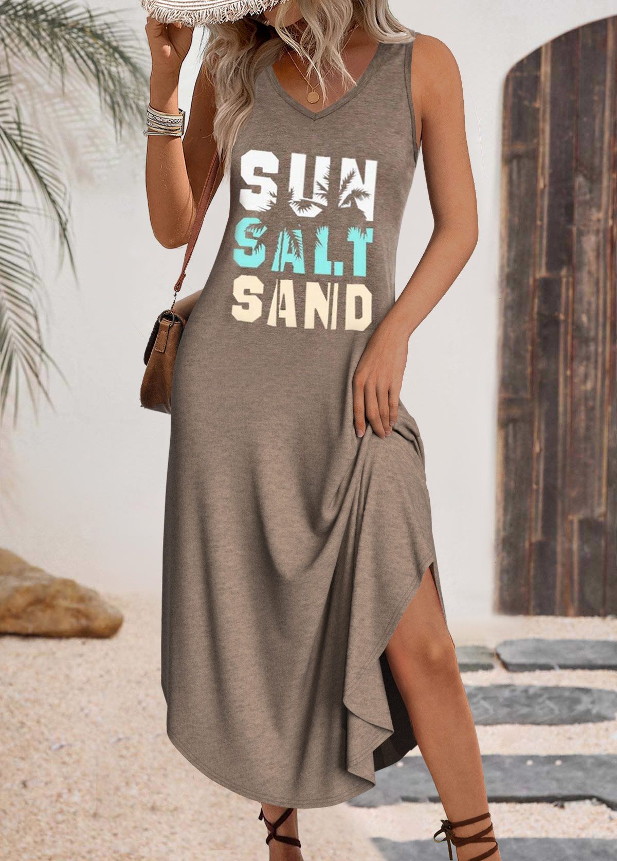 Gray Brown dresses,Letter dresses,Everyday dresses,Casual dresses,ROTITA Letter Print Gray Brown Maxi A Line Sleeveless Dress