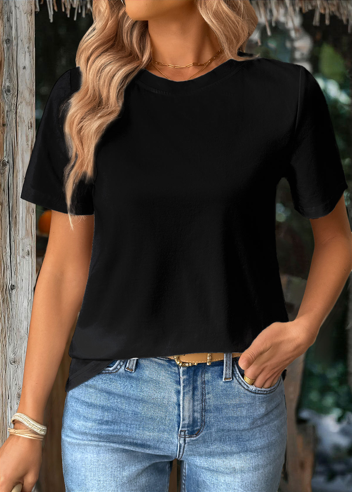 Black tops,Plain Color tops,ROTITA Black Round Neck Short Sleeve T Shirt