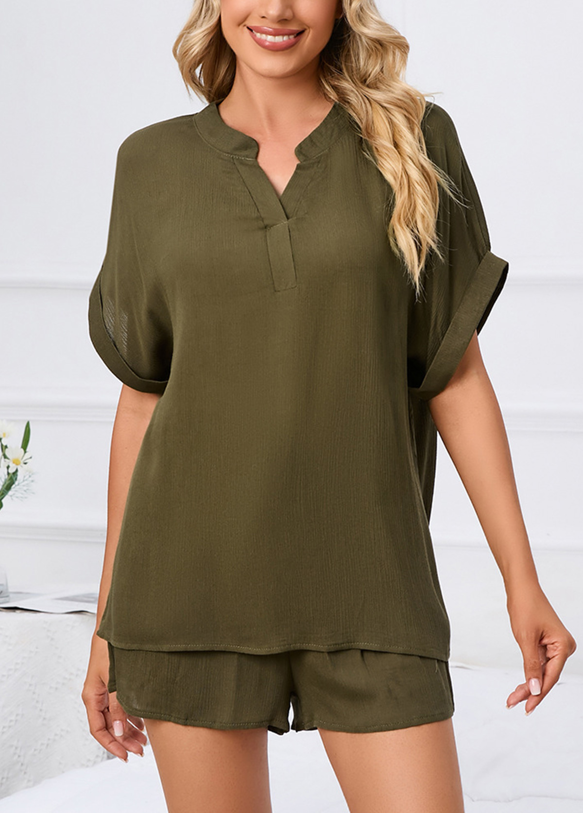 Olive Green loungewear,Plain Color loungewear,Olive Green Split Neck Lounge Top and Shorts