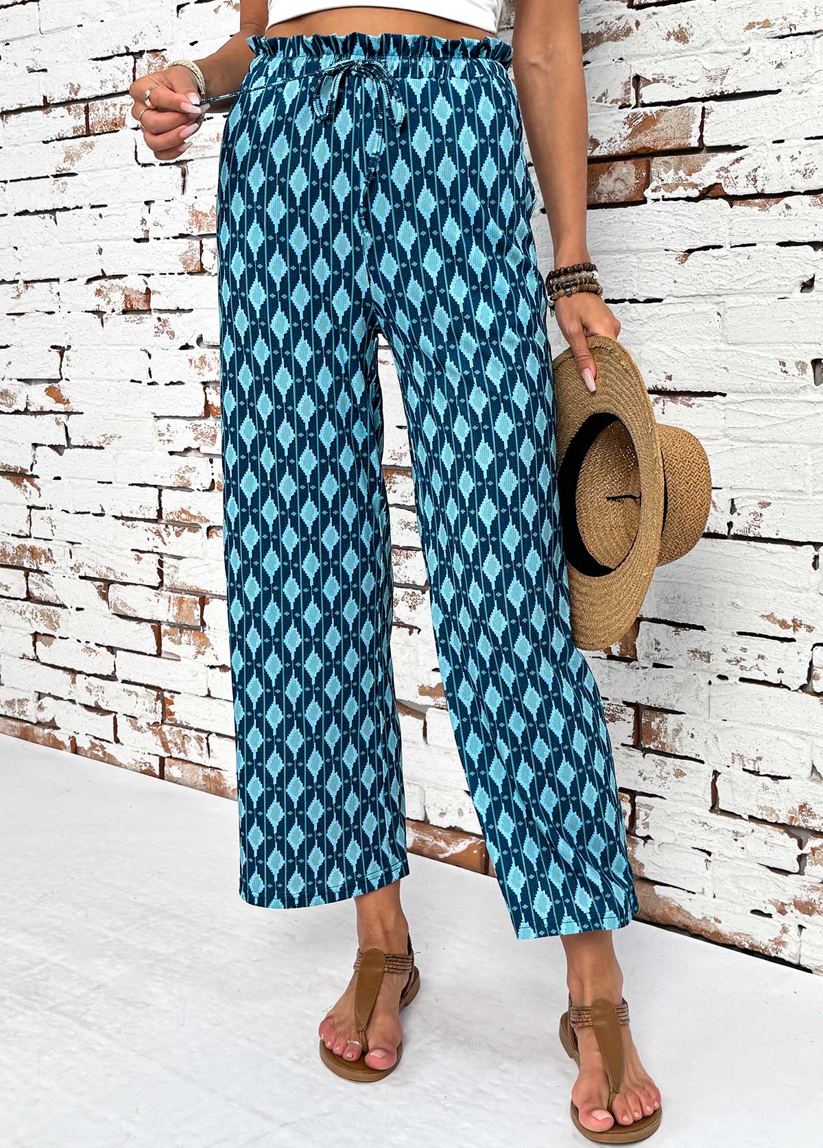 Mint Green bottoms,Geometric bottoms,Geometric Print Mint Green Wide Leg Elastic Waist Pants