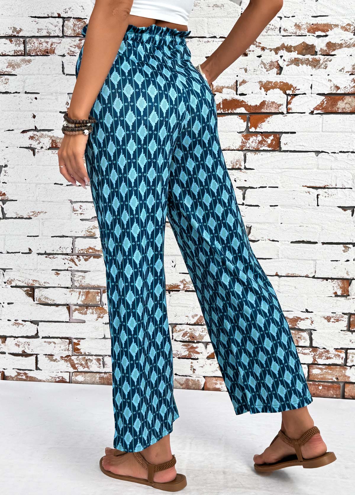 Mint Green bottoms,Geometric bottoms,Geometric Print Mint Green Wide Leg Elastic Waist Pants