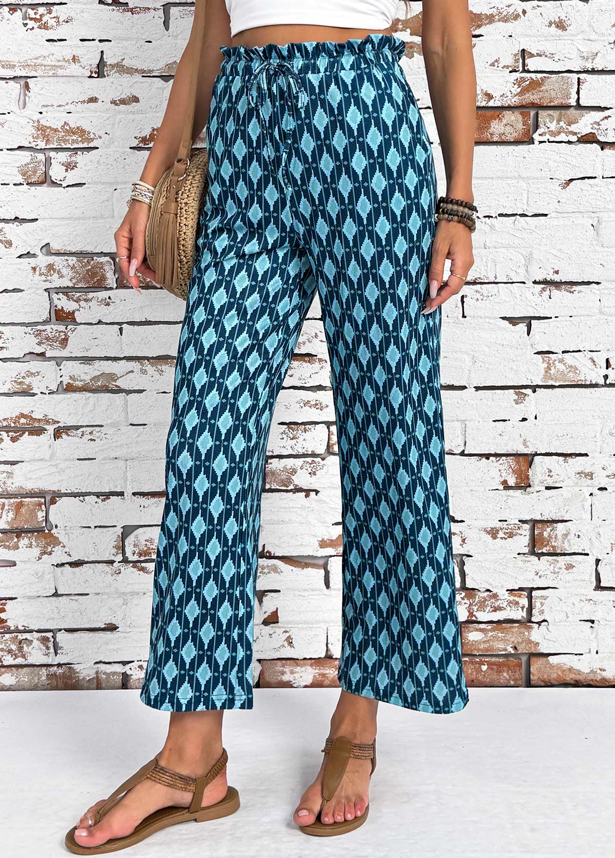 Mint Green bottoms,Geometric bottoms,Geometric Print Mint Green Wide Leg Elastic Waist Pants