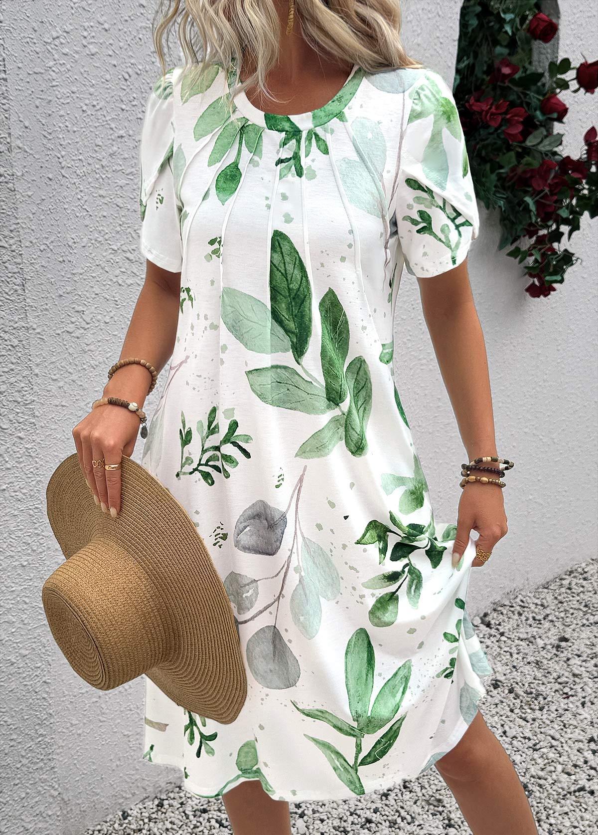 White dresses,Plants dresses,Everyday dresses,Casual dresses,ROTITA Leaf Print White A Line Round Neck Dress