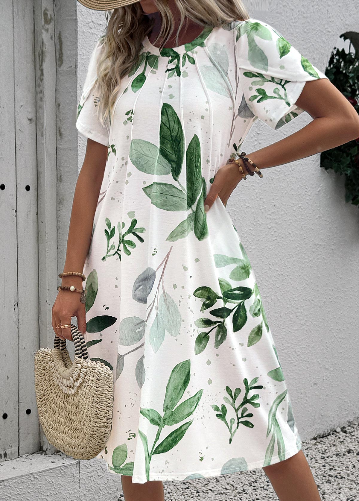 White dresses,Plants dresses,Everyday dresses,Casual dresses,ROTITA Leaf Print White A Line Round Neck Dress