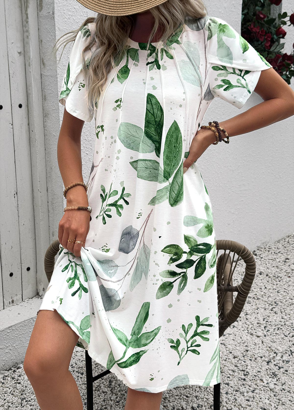 White dresses,Plants dresses,Everyday dresses,Casual dresses,ROTITA Leaf Print White A Line Round Neck Dress