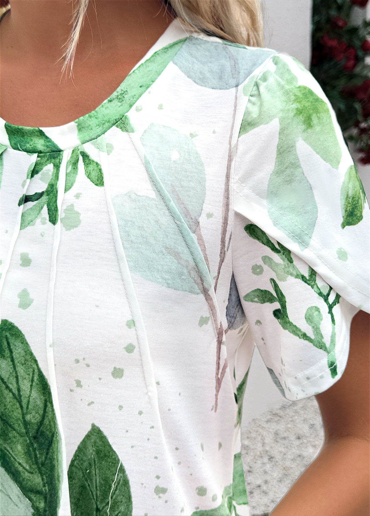 White dresses,Plants dresses,Everyday dresses,Casual dresses,ROTITA Leaf Print White A Line Round Neck Dress
