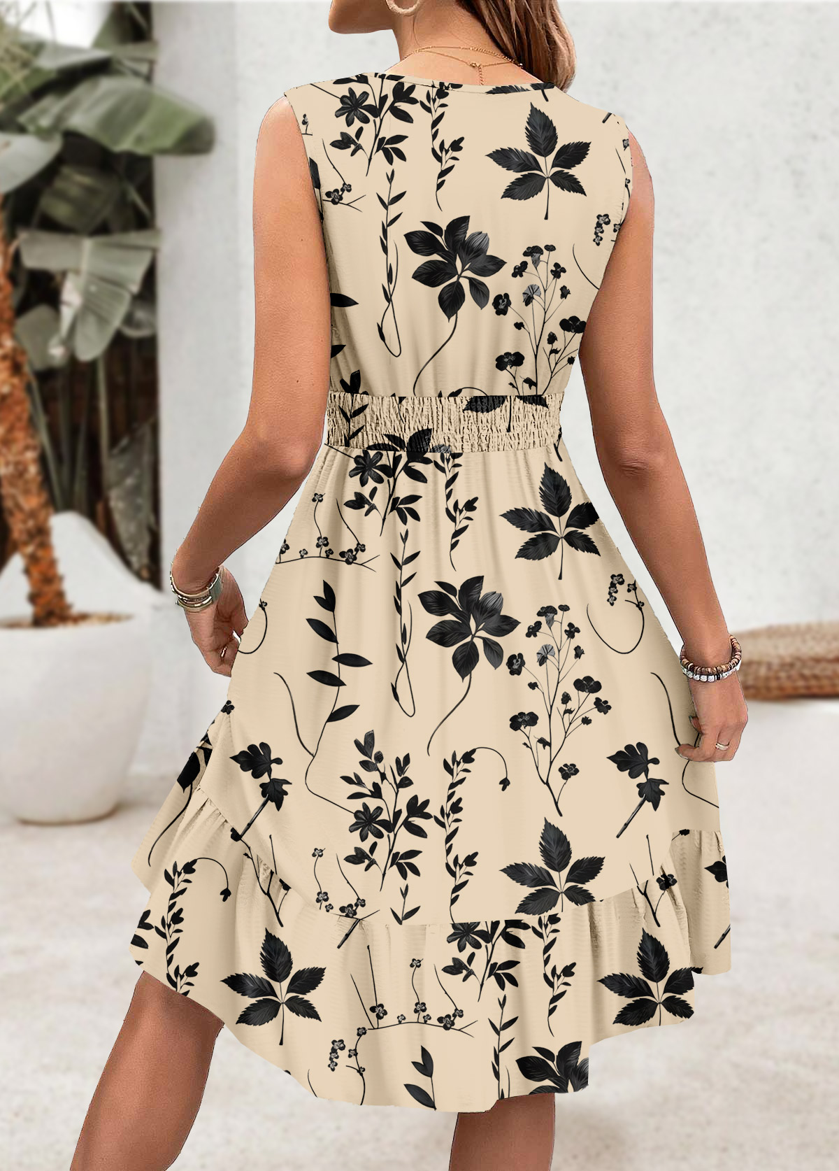 Beige dresses,Floral dresses,Plants dresses,Everyday dresses,Casual dresses,ROTITA Embroidery Floral Print Beige V Neck Sleeveless Dress