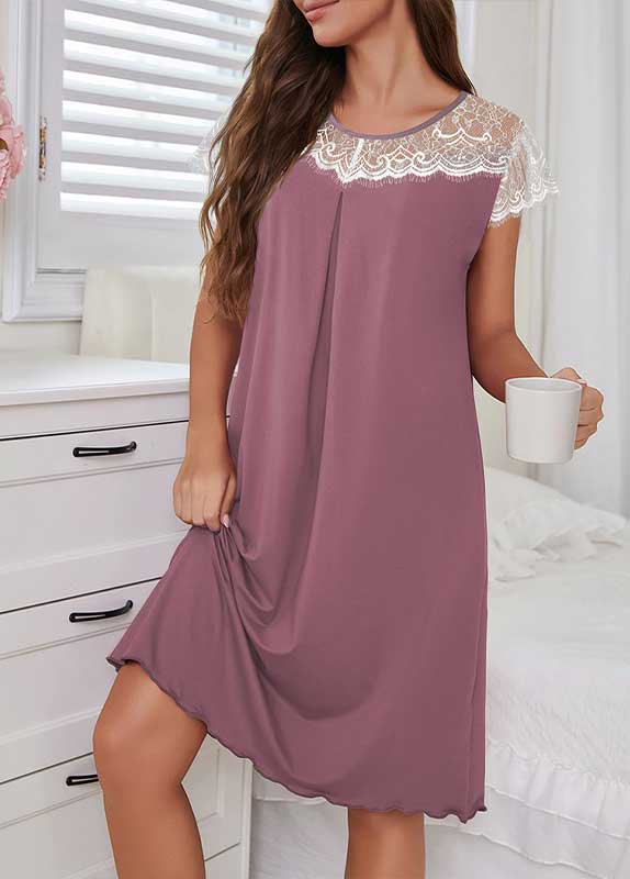 Dusty Purple loungewear,Contrast Color loungewear,ROTITA Dusty Purple Round Neck Short Sleeve Nightdress