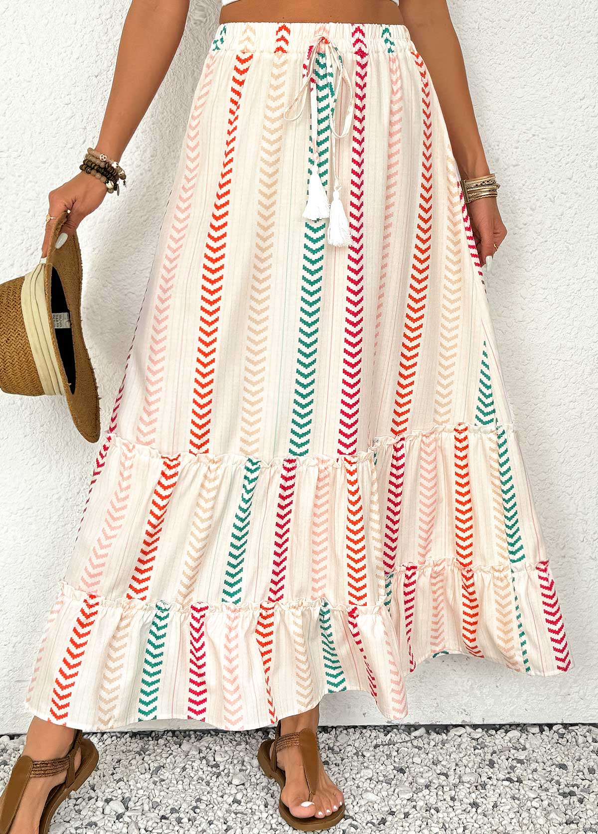 Beige bottoms,Geometric bottoms,Geometric Print Beige Maxi Elastic Waist A Line Skirt