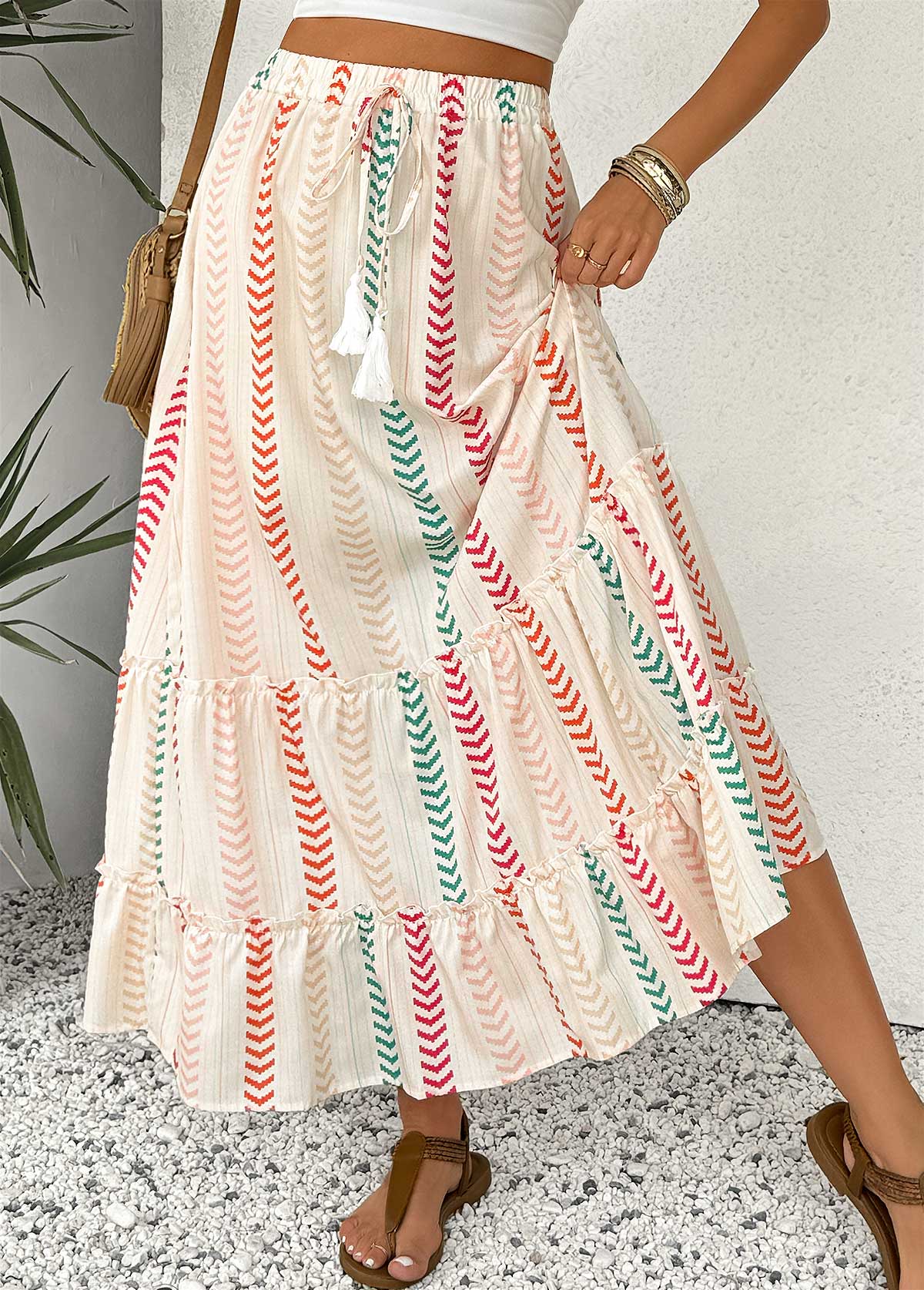 Beige bottoms,Geometric bottoms,Geometric Print Beige Maxi Elastic Waist A Line Skirt