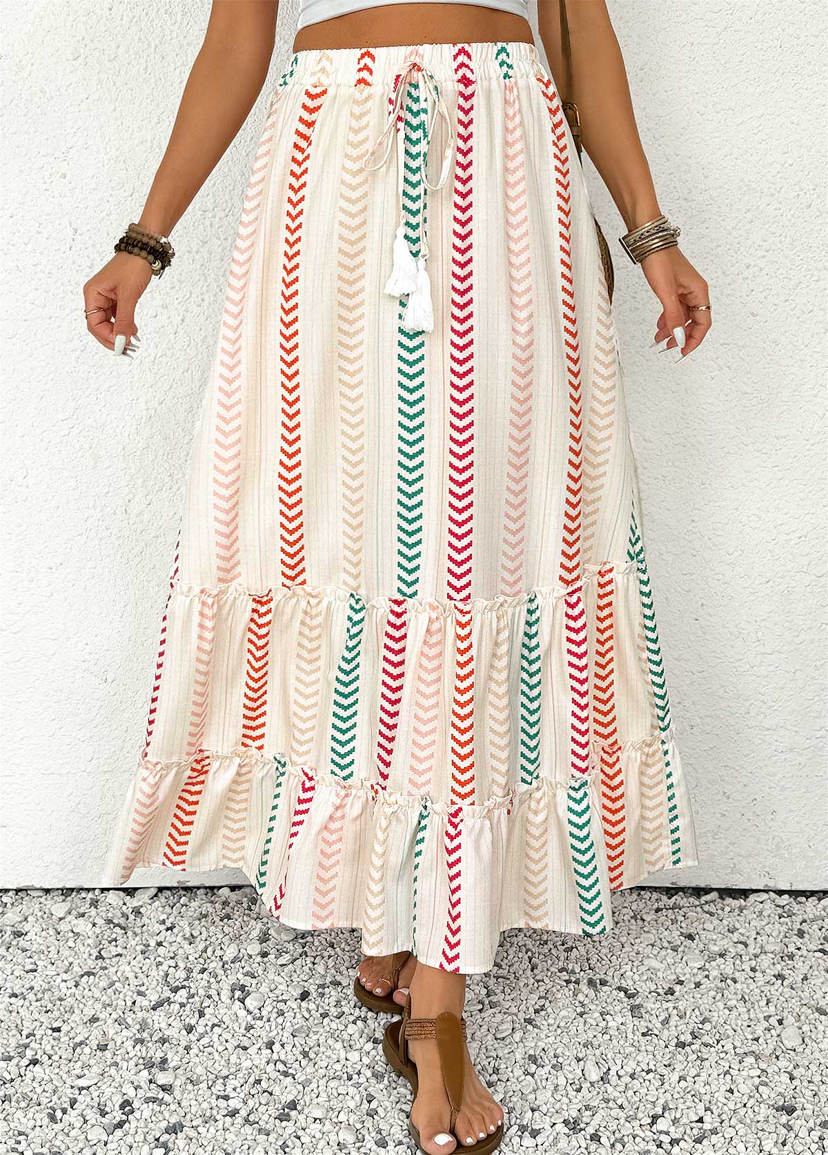 Beige bottoms,Geometric bottoms,Geometric Print Beige Maxi Elastic Waist A Line Skirt