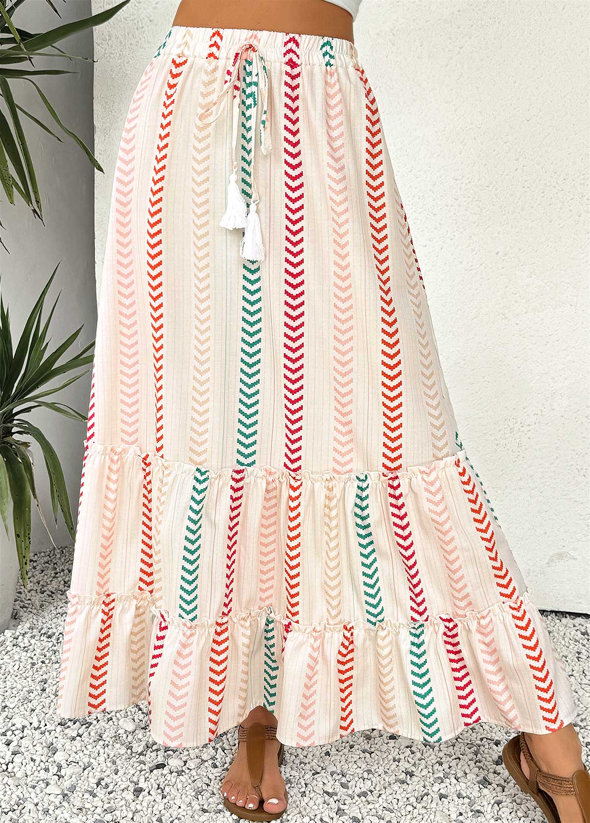Beige bottoms,Geometric bottoms,Geometric Print Beige Maxi Elastic Waist A Line Skirt