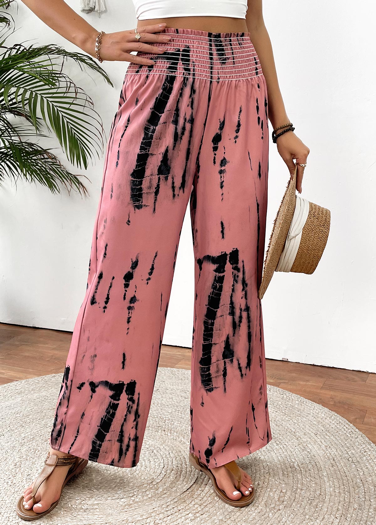 Pink bottoms,Tie Dye bottoms,Tie Dye Print Pink Wide Leg Elastic Waist Pants