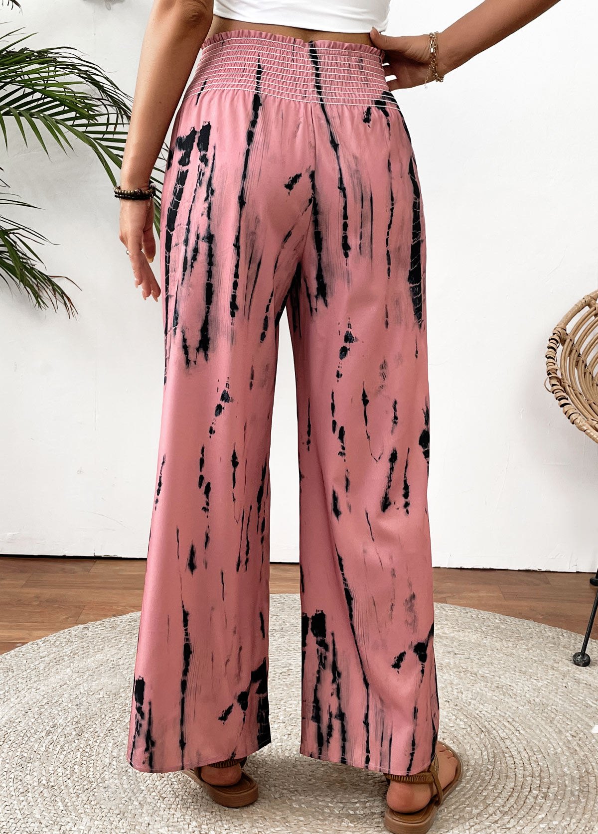 Pink bottoms,Tie Dye bottoms,Tie Dye Print Pink Wide Leg Elastic Waist Pants