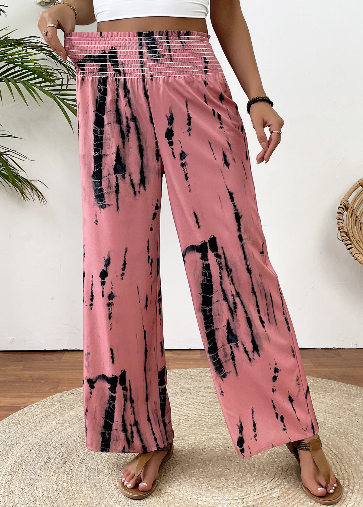 Pink bottoms,Tie Dye bottoms,Tie Dye Print Pink Wide Leg Elastic Waist Pants