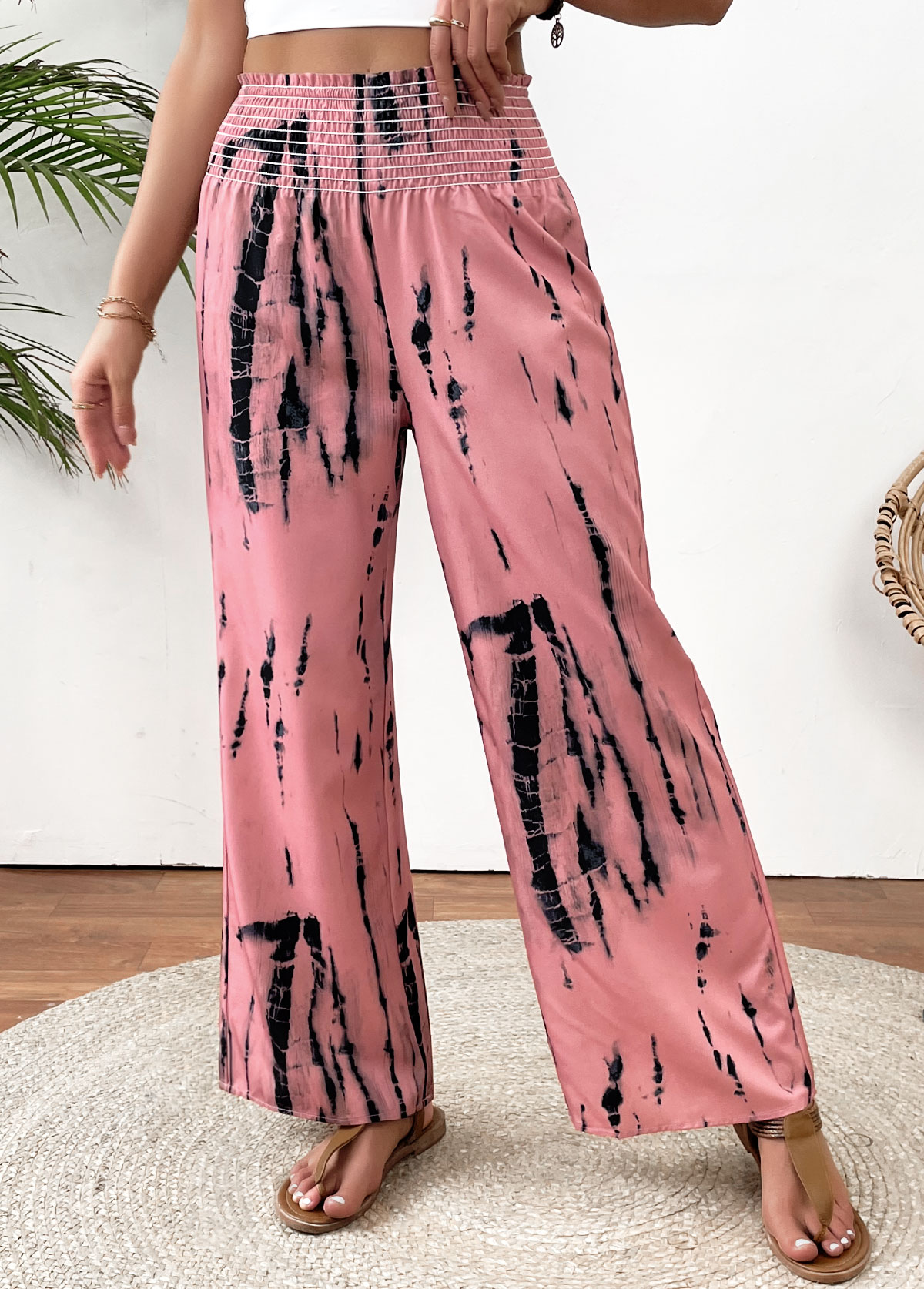 Pink bottoms,Tie Dye bottoms,Tie Dye Print Pink Wide Leg Elastic Waist Pants