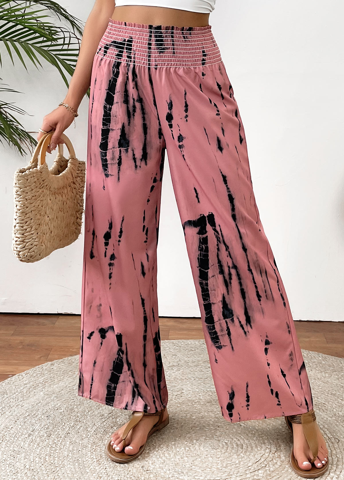 Pink bottoms,Tie Dye bottoms,Tie Dye Print Pink Wide Leg Elastic Waist Pants
