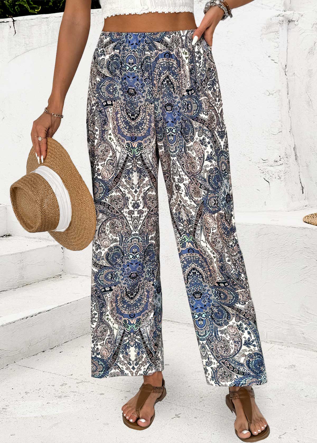 Multi Color bottoms,Tribal bottoms,Tribal Print Multi Color Straight Leg Elastic Waist Pants