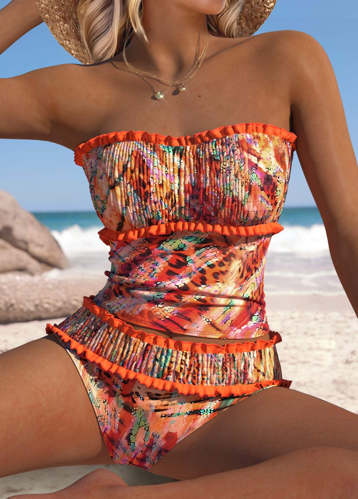Orange swimwear,Leopard swimwear,Animal Print swimwear,ROTITA Orange Leopard Mid Waisted Tankini Set