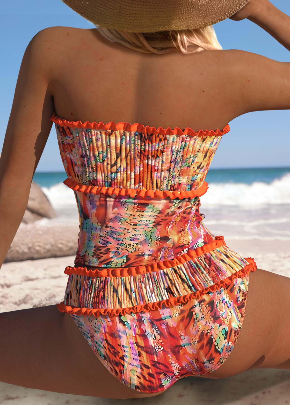 Orange swimwear,Leopard swimwear,Animal Print swimwear,ROTITA Orange Leopard Mid Waisted Tankini Set