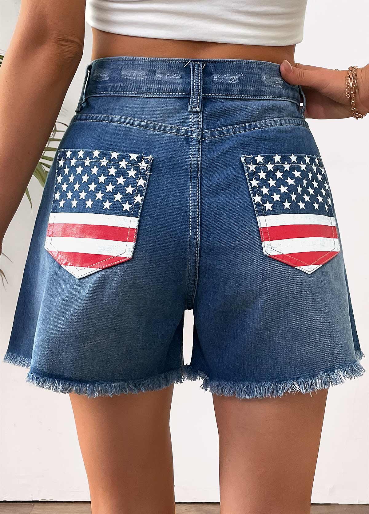 Denim Blue bottoms,Flag bottoms,American Flag Denim Blue Straight Leg Button Fly Shorts