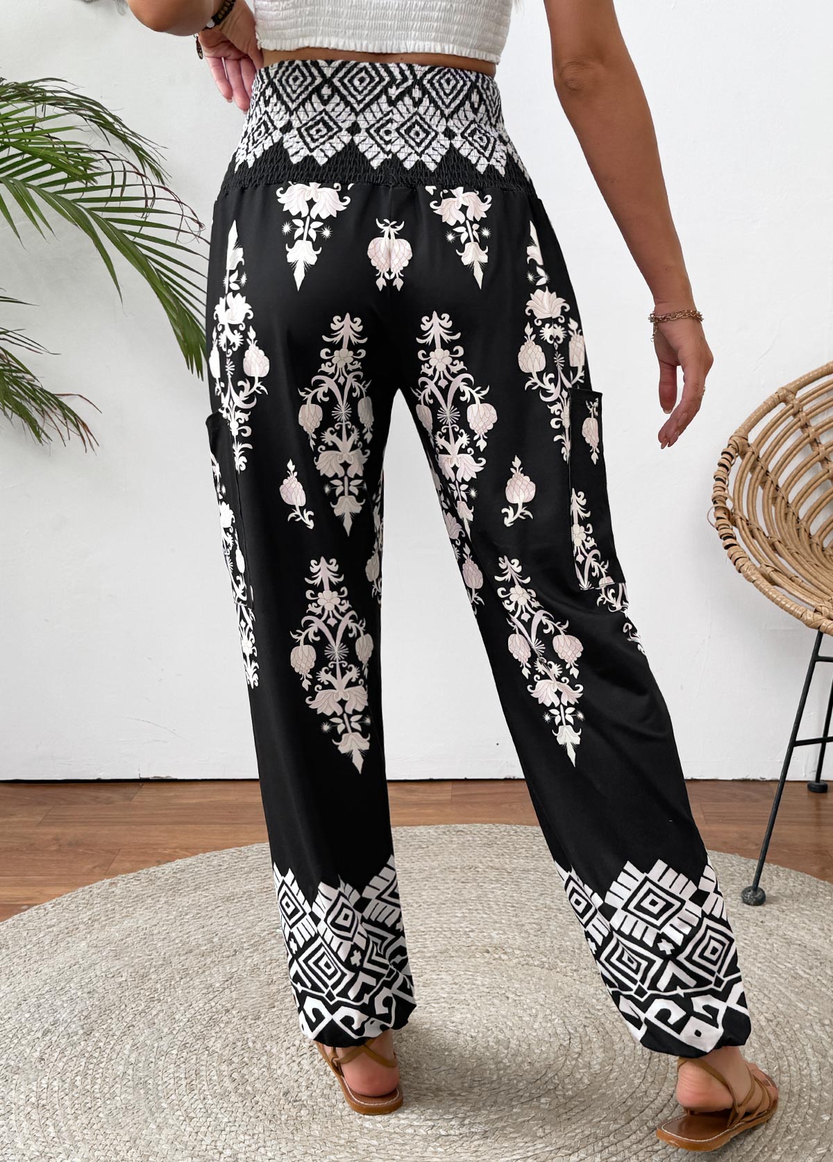 Black bottoms,Tribal bottoms,Tribal Print Black Jogger Elastic Waist High Waisted Pants