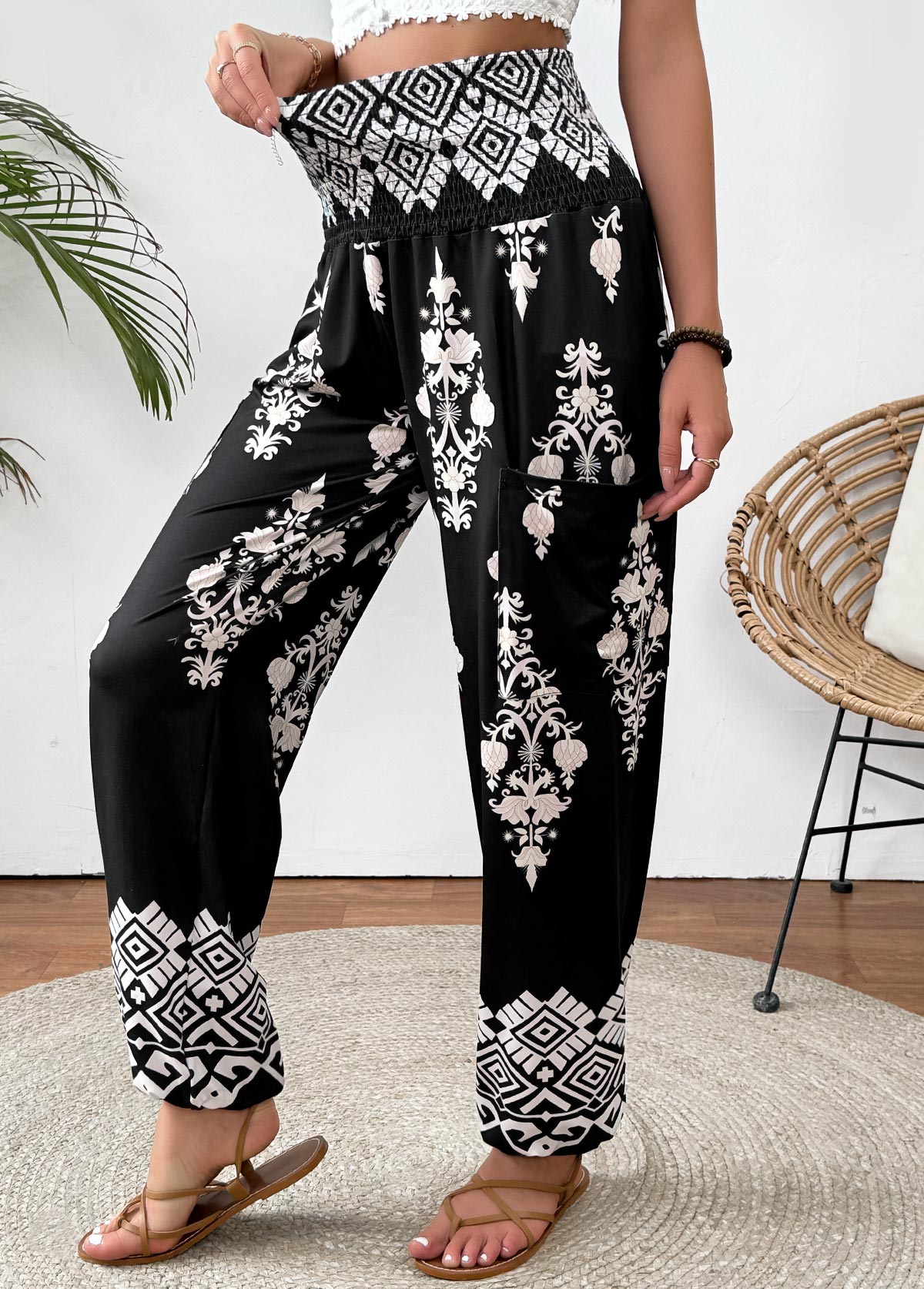 Black bottoms,Tribal bottoms,Tribal Print Black Jogger Elastic Waist High Waisted Pants