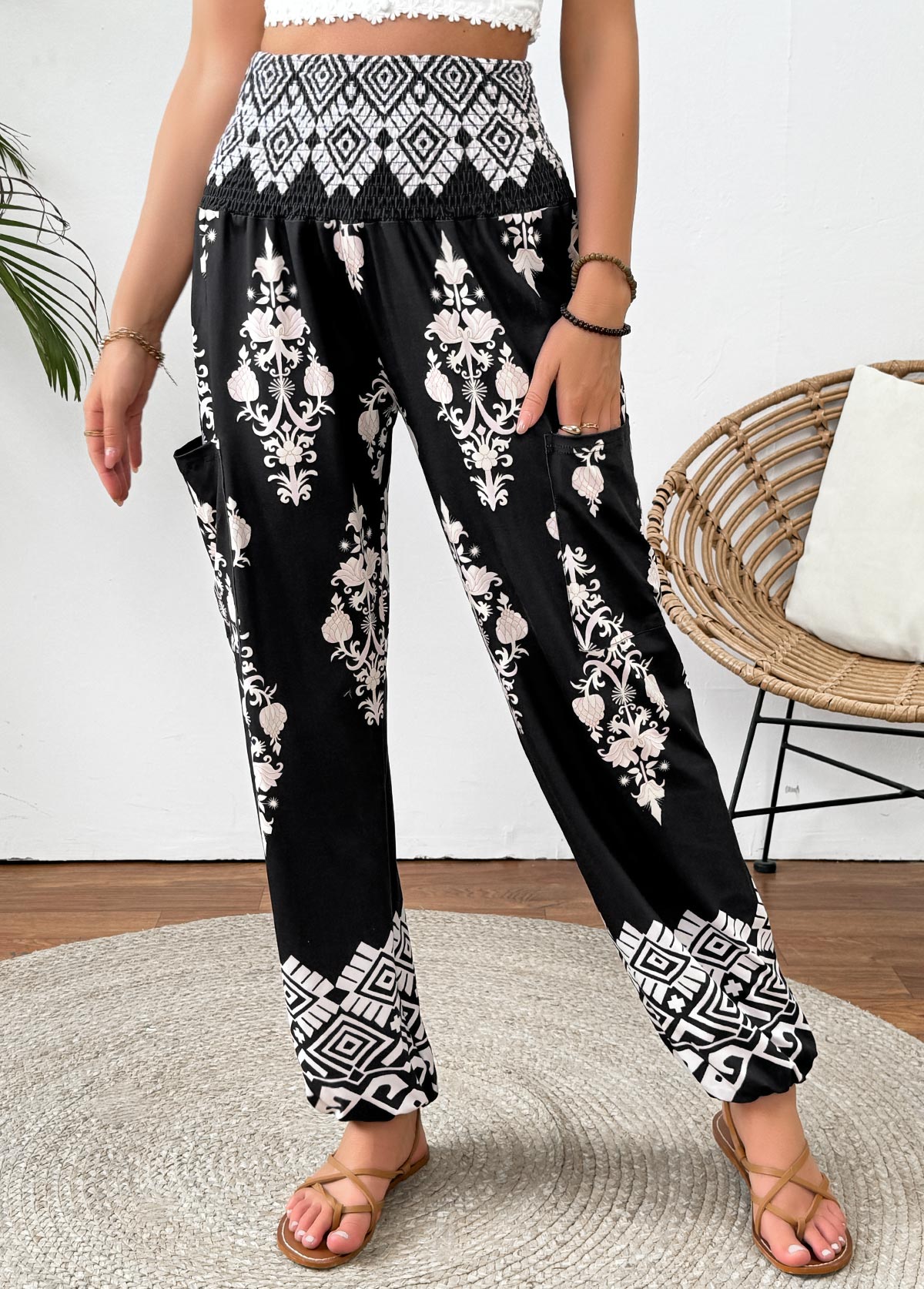 Black bottoms,Tribal bottoms,Tribal Print Black Jogger Elastic Waist High Waisted Pants