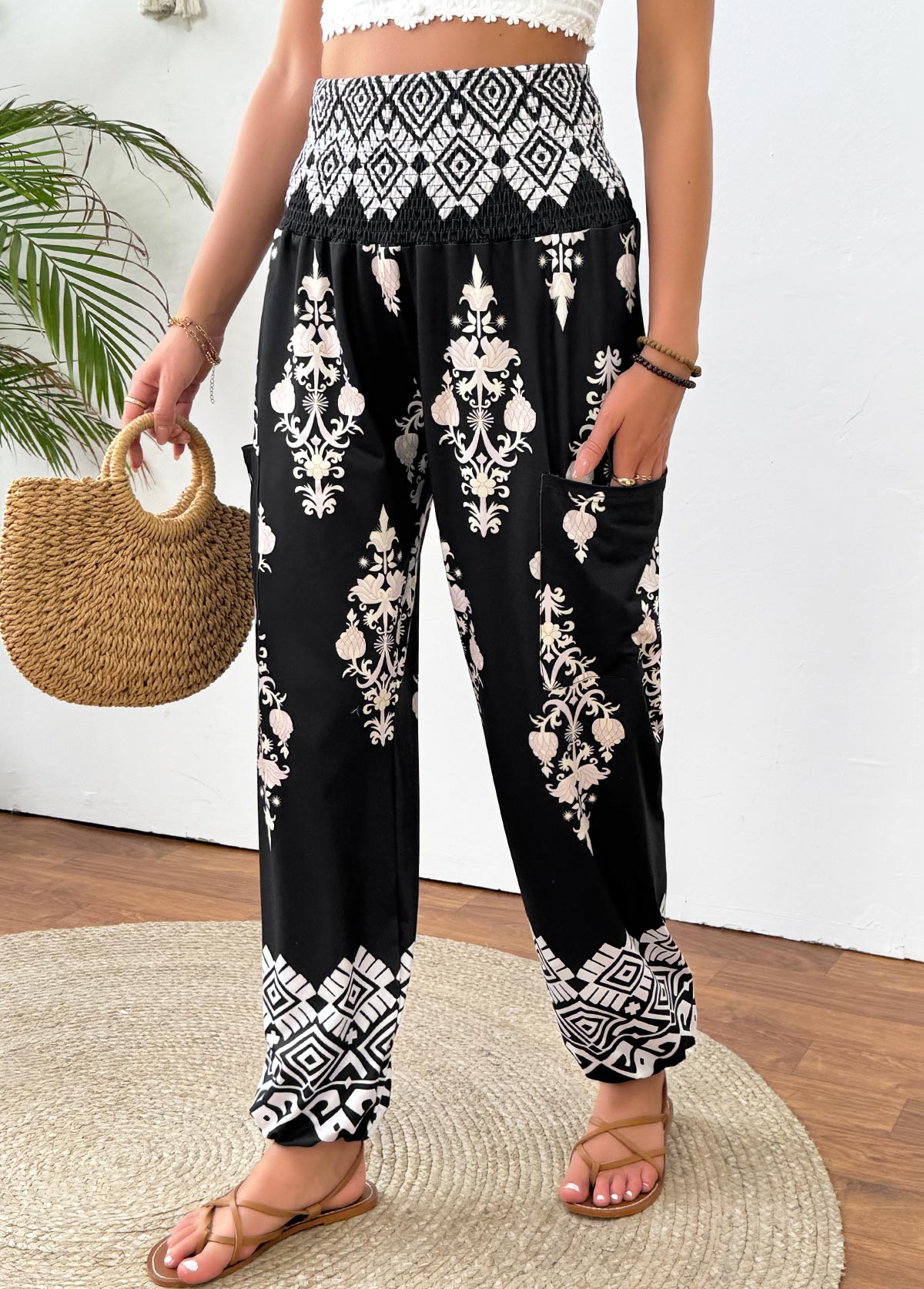 Black bottoms,Tribal bottoms,Tribal Print Black Jogger Elastic Waist High Waisted Pants