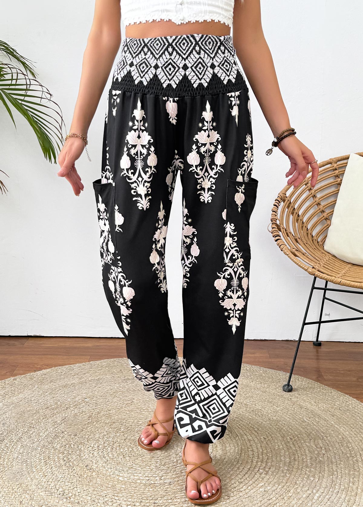 Black bottoms,Tribal bottoms,Tribal Print Black Jogger Elastic Waist High Waisted Pants
