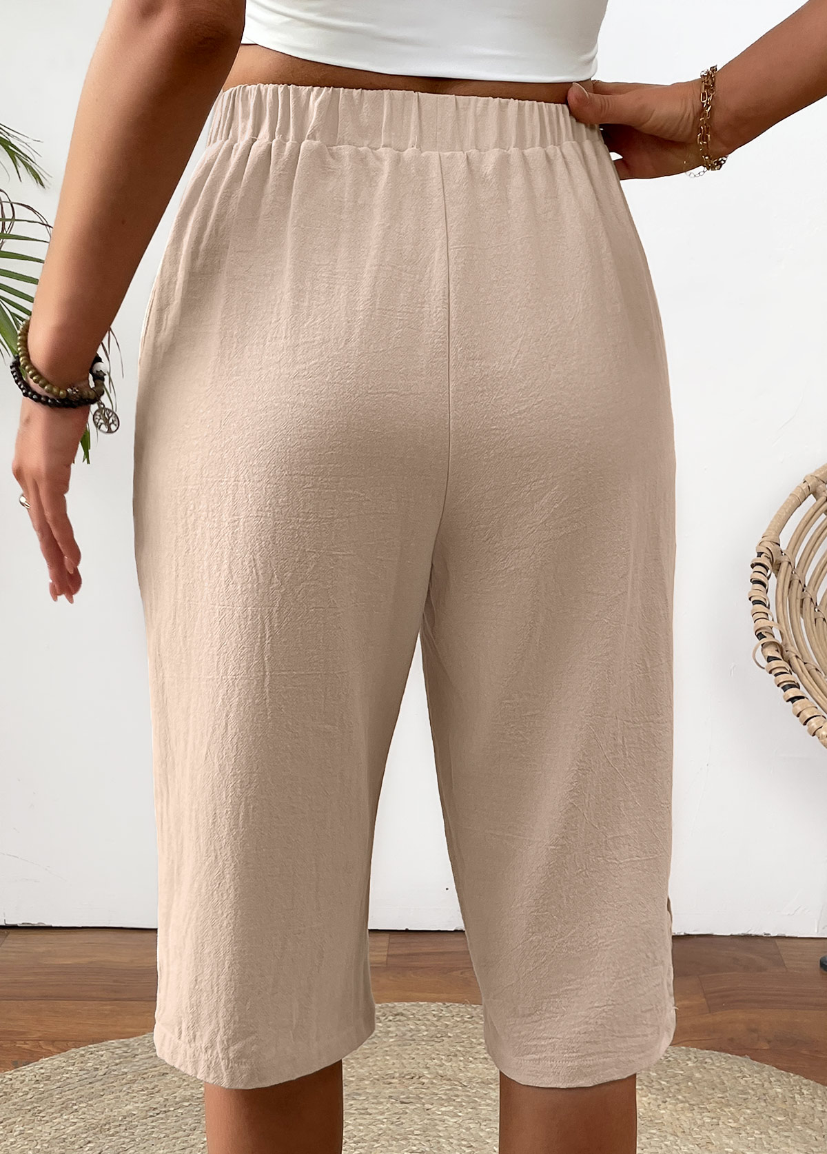 Light Camel bottoms,Plain Color bottoms,Light Camel Straight Leg Elastic Waist High Waisted Pants