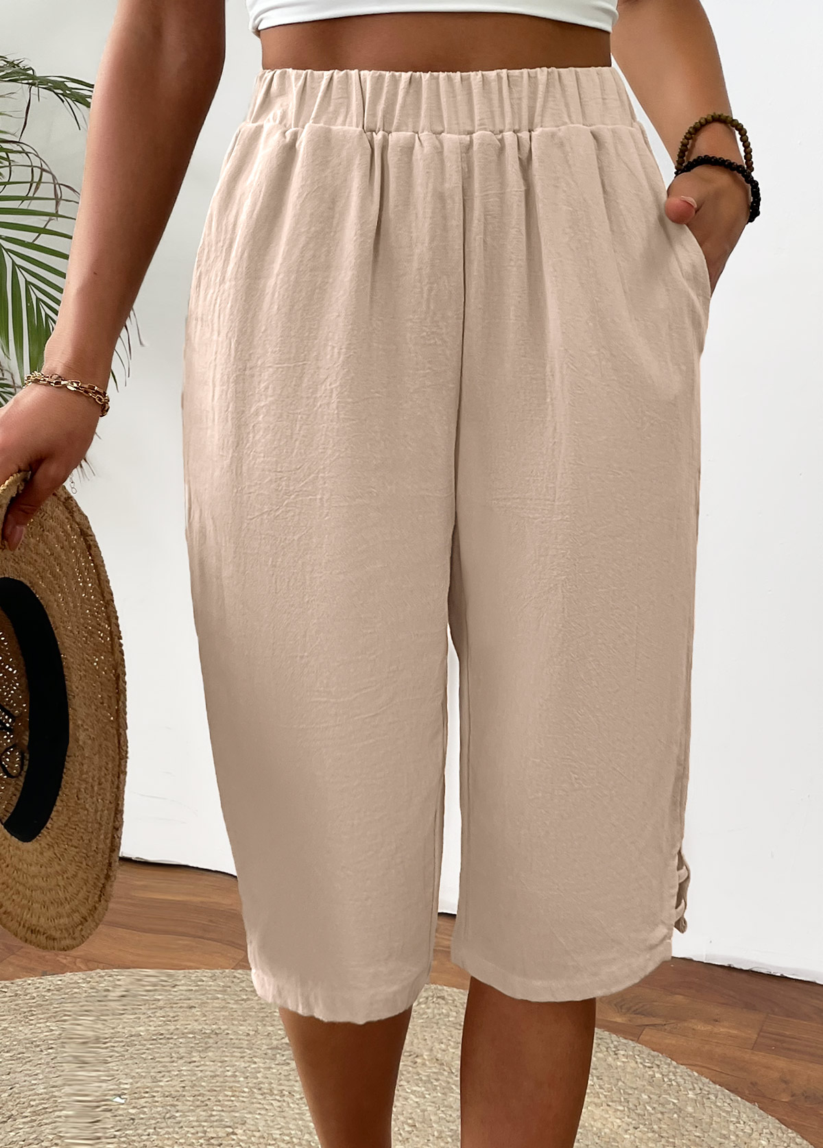 Light Camel bottoms,Plain Color bottoms,Light Camel Straight Leg Elastic Waist High Waisted Pants