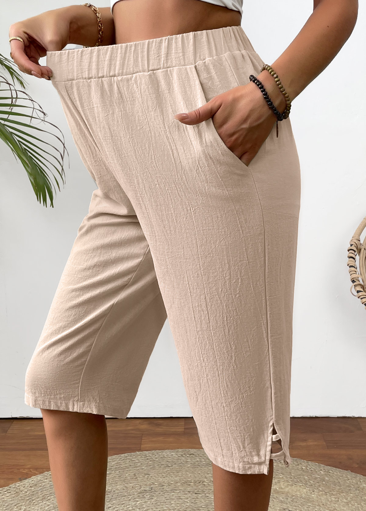 Light Camel bottoms,Plain Color bottoms,Light Camel Straight Leg Elastic Waist High Waisted Pants