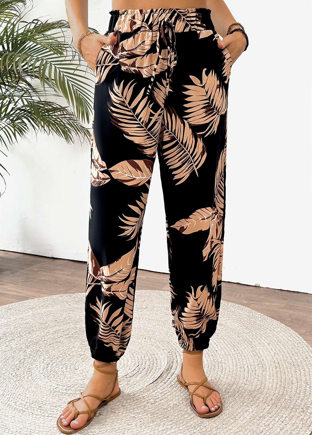 Multi Color bottoms,Plants bottoms,Tropical Plants Print Multi Color Jogger Elastic Waist Pants