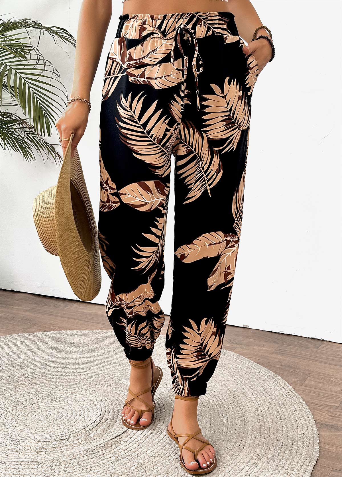 Multi Color bottoms,Plants bottoms,Tropical Plants Print Multi Color Jogger Elastic Waist Pants