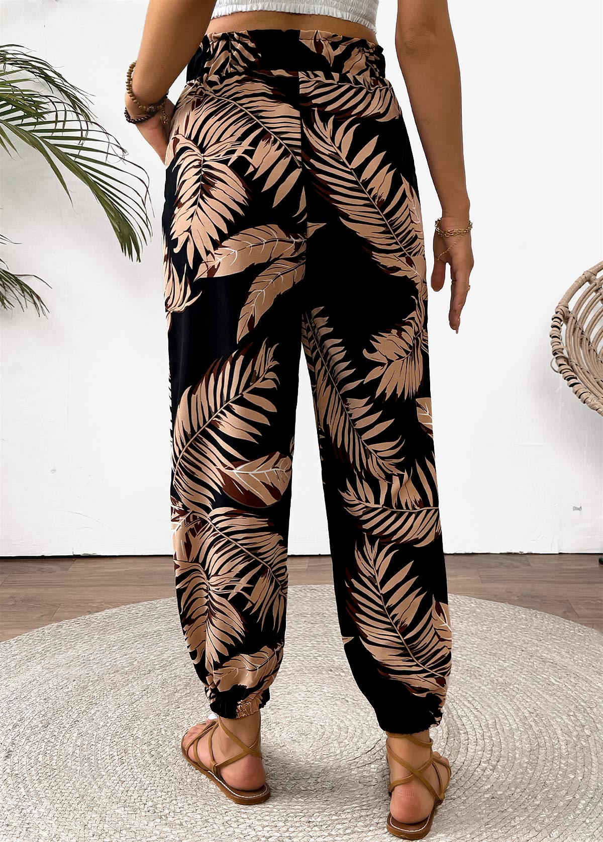 Multi Color bottoms,Plants bottoms,Tropical Plants Print Multi Color Jogger Elastic Waist Pants