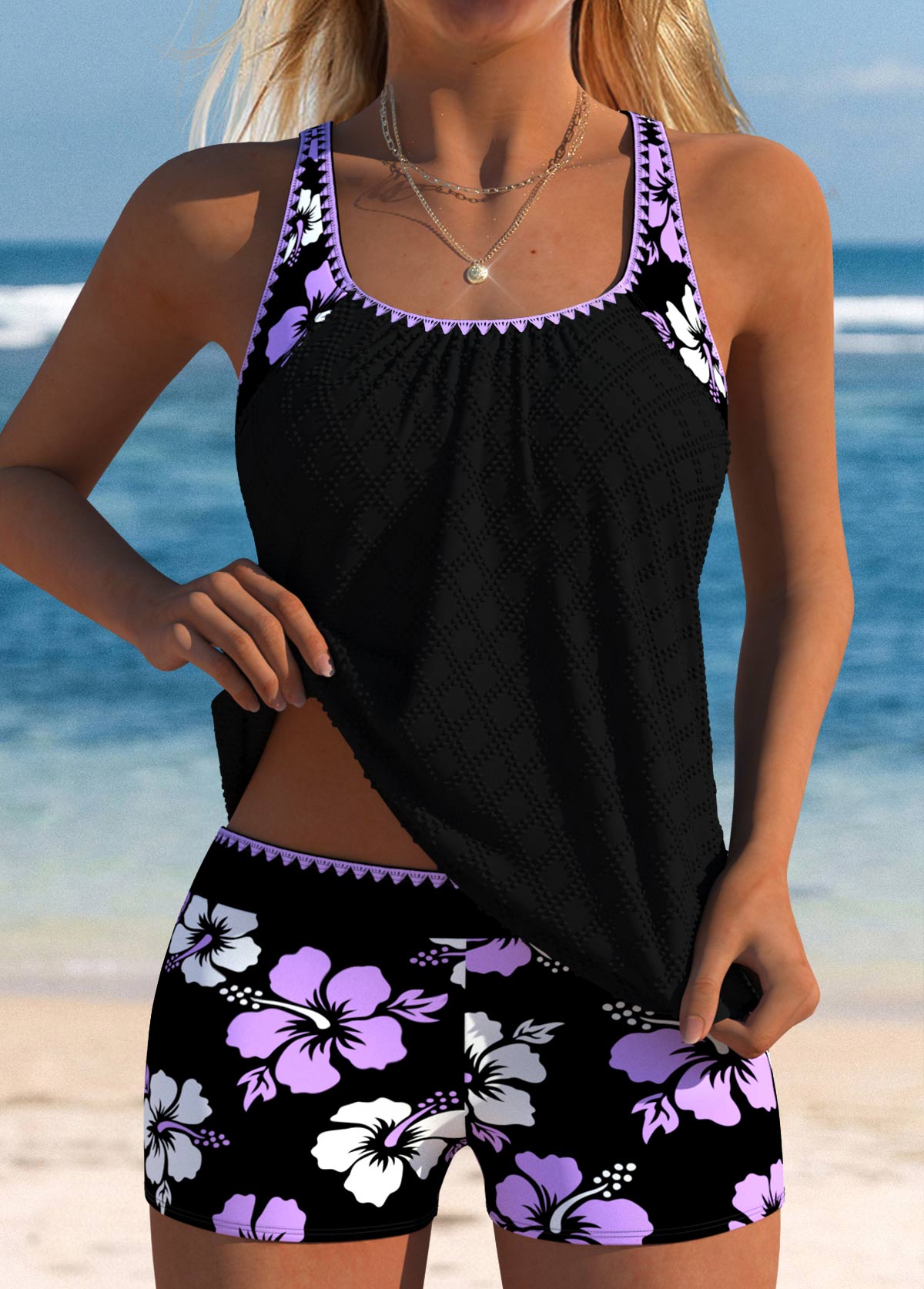 Light Purple swimwear,Floral swimwear,Plants swimwear,ROTITA Light Purple Floral Print Mid Waisted Tankini Set