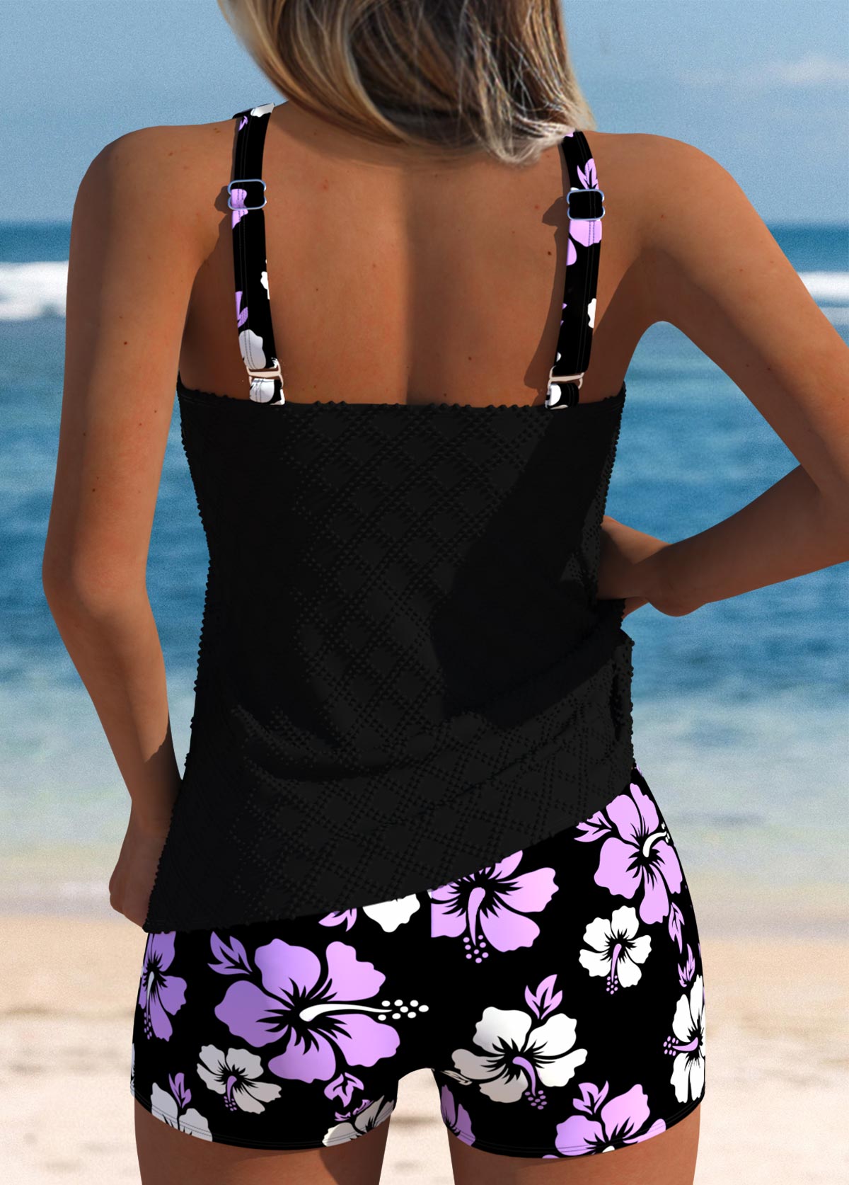 Light Purple swimwear,Floral swimwear,Plants swimwear,ROTITA Light Purple Floral Print Mid Waisted Tankini Set