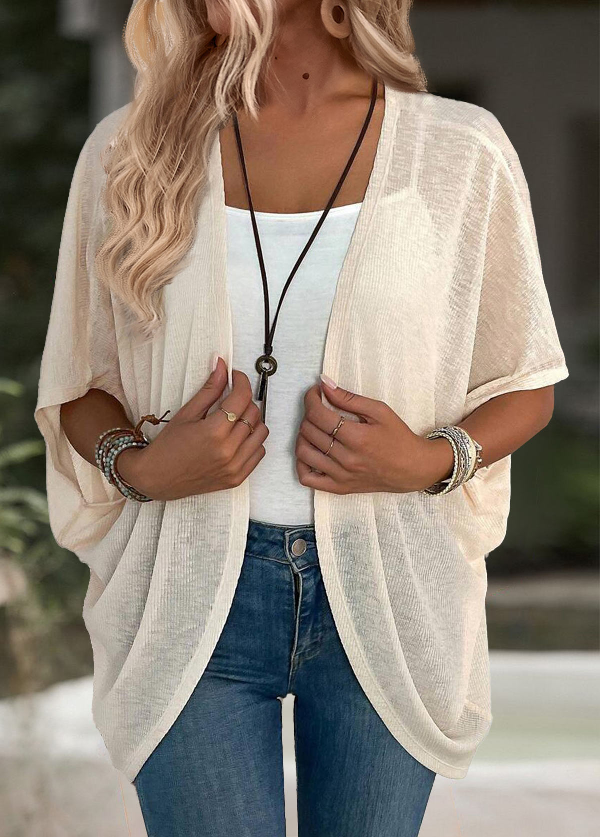Beige tops,Plain Color tops,ROTITA Beige Tunic Half Sleeve Light Cardigan