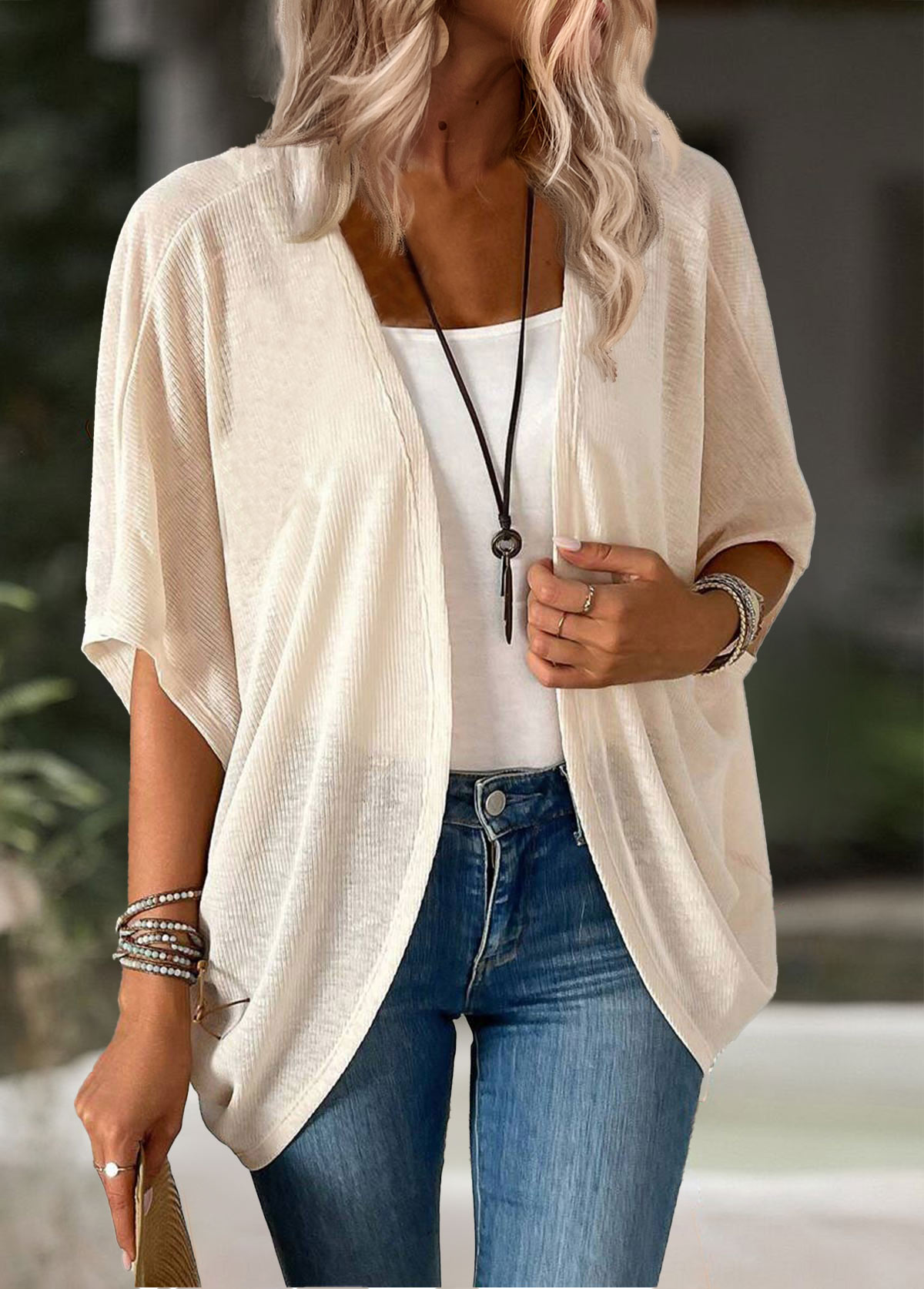 Beige tops,Plain Color tops,ROTITA Beige Tunic Half Sleeve Light Cardigan