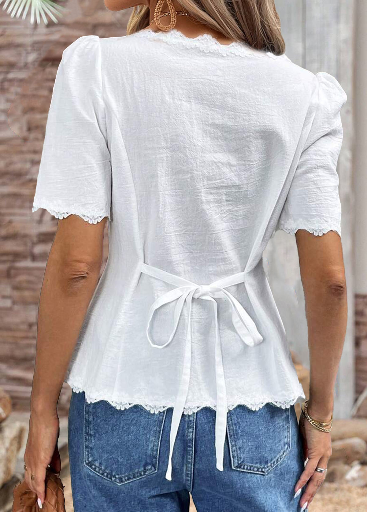 White tops,Plain Color tops,ROTITA White Square Neck Short Sleeve Blouse