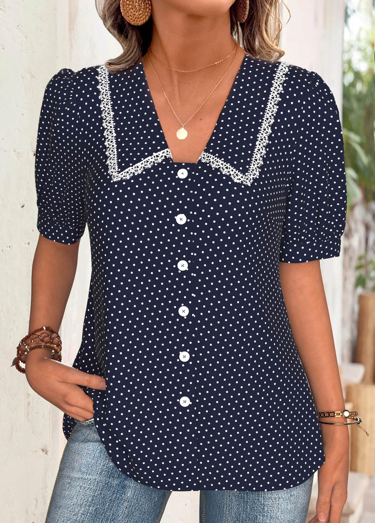 Navy tops,Dot tops,ROTITA Polka Dot Navy Turn Down Collar Short Sleeve Blouse