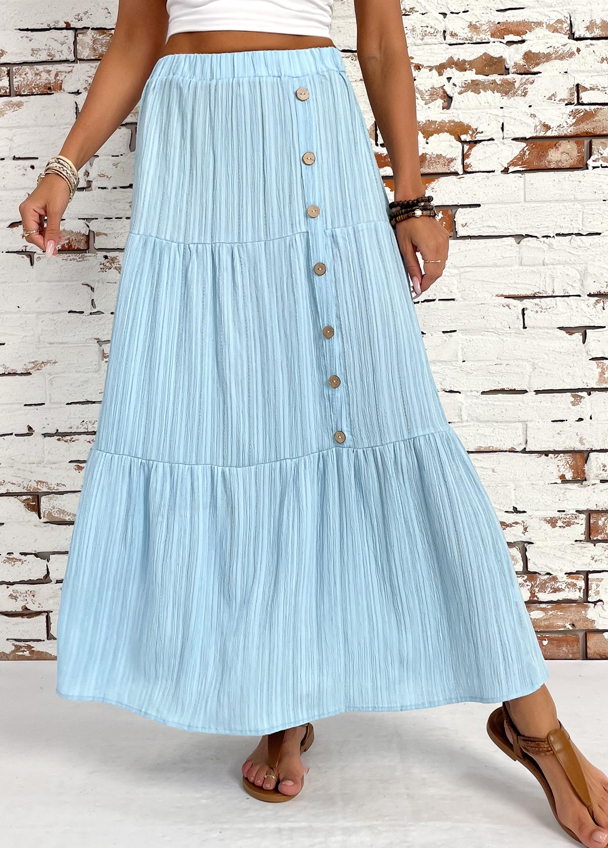 Light Blue bottoms,Plain Color bottoms,Light Blue Elastic Waist A Line Skirt