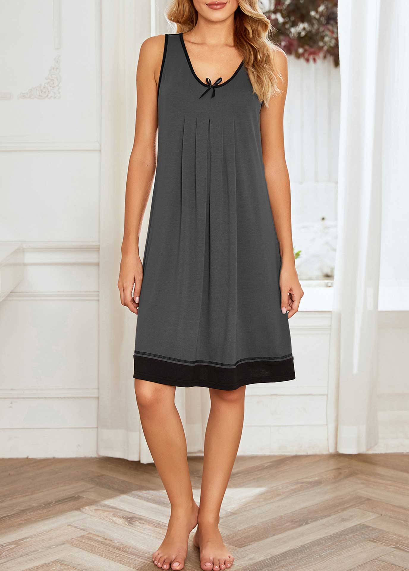 Dark Grey loungewear,Contrast Color loungewear,Dark Grey Round Neck Sleeveless Nightdress