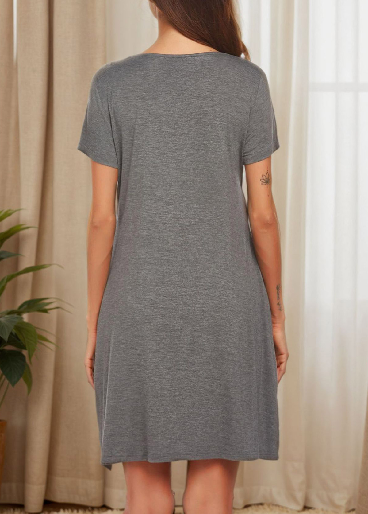 Dark Grey loungewear,Plain Color loungewear,Dark Grey Split Neck Short Sleeve Nightdress