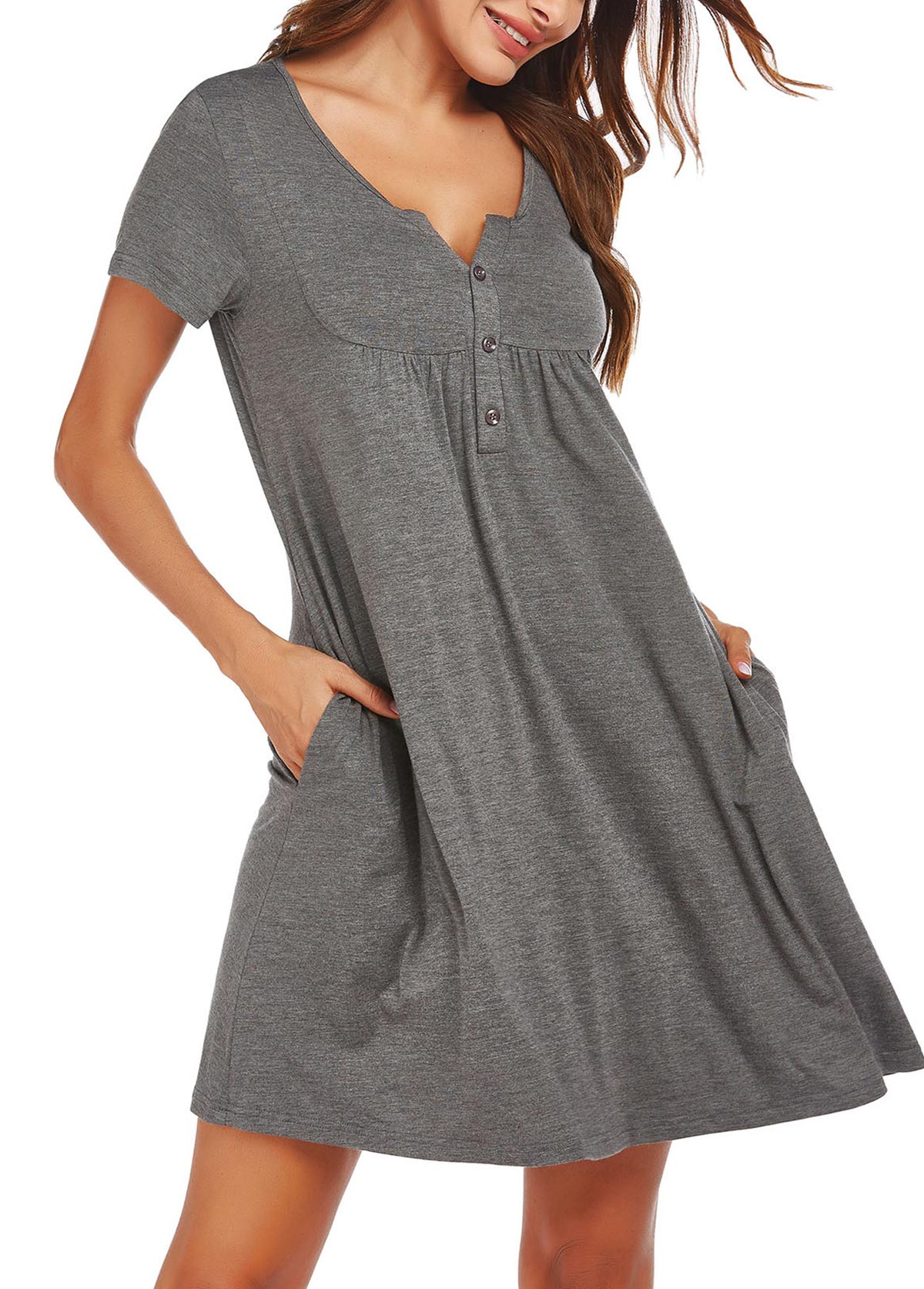 Dark Grey loungewear,Plain Color loungewear,Dark Grey Split Neck Short Sleeve Nightdress
