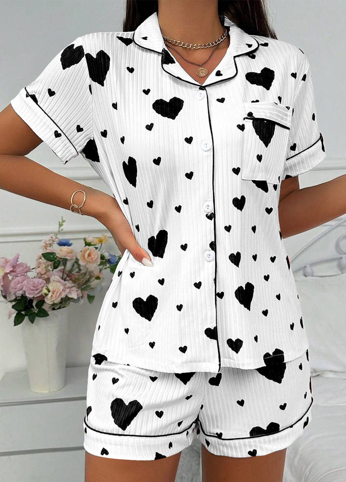 White loungewear,Heart loungewear,Heart Print White Short Sleeve Lounge Top and Shorts